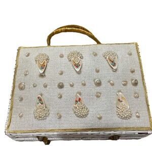 Magid 1950s NATURAL COATED WICKER Box Basket Purse Cream Boho Sea Shells